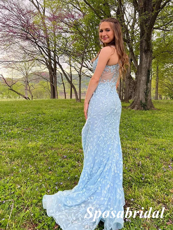 prom dresses with sequin detailingSexy Blue Tulle And Lace Spaghetti Straps Sleeveless Side Slit Mermaid Long Prom Dresses, PD3942