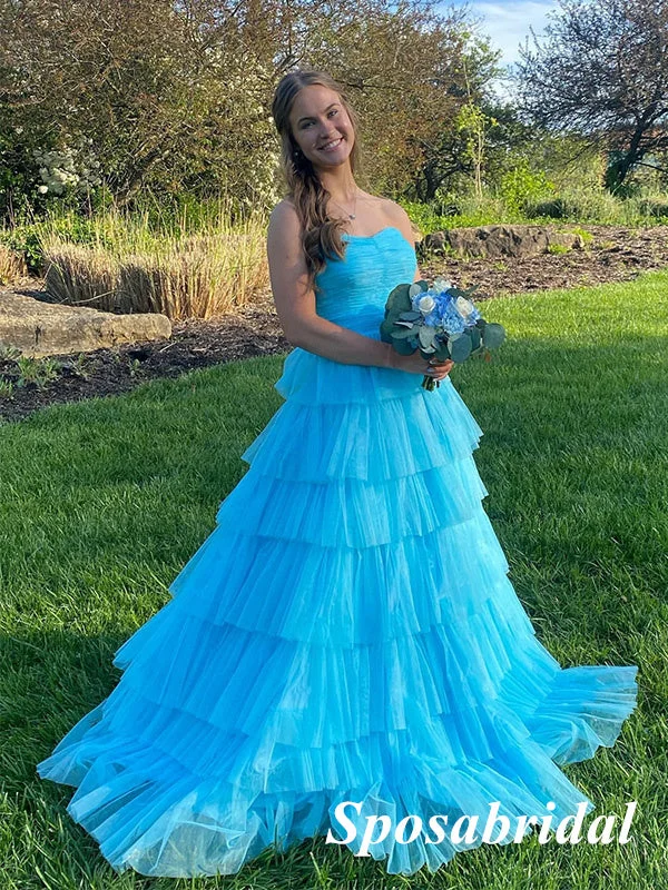 prom dresses with illusion panelsSexy Blue Tulle Sweetheart Sleeveless A-Line Long Prom Dresses, PD3943