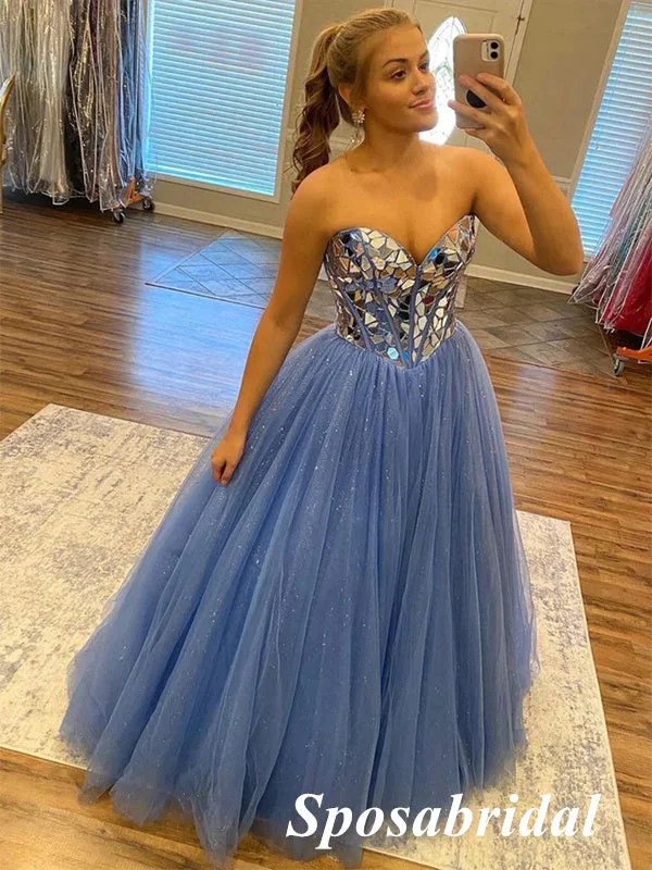 vintage prom dressesSexy Dusty Blue Tulle Sweetheart V-Neck Sleeveless A-Line Long Prom Dresses With Beading, PD3817