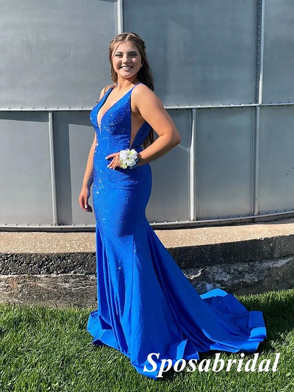 prom dresses for summerSexy Navy-Blue Soft Satin Spaghetti Straps V-Neck Mermaid Long Prom Dresses, PD3945