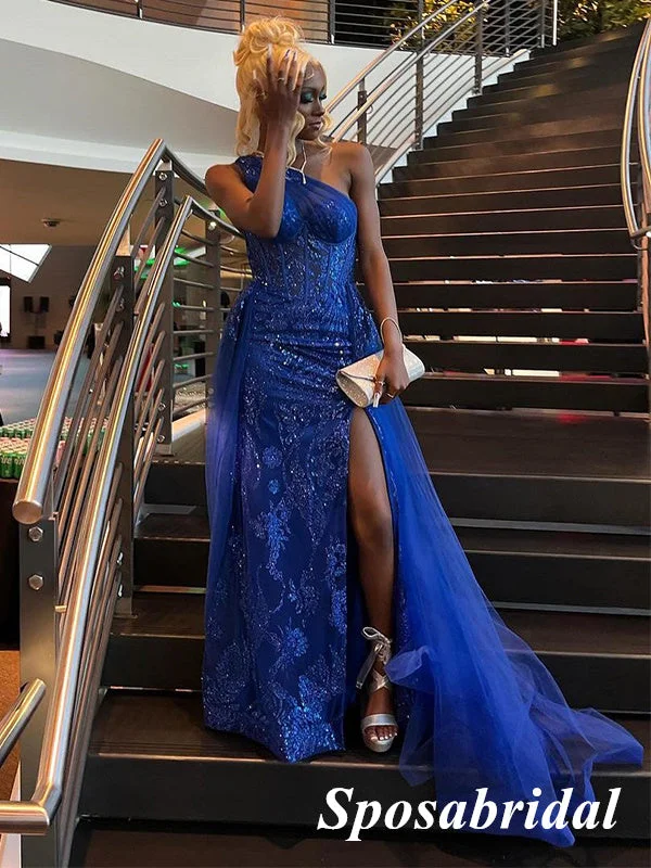 maxi prom dressesSexy Royal Blue Tulle And Lace One Shoulder Sleeveless Side Slit Mermaid Long Prom Dresses, PD3917