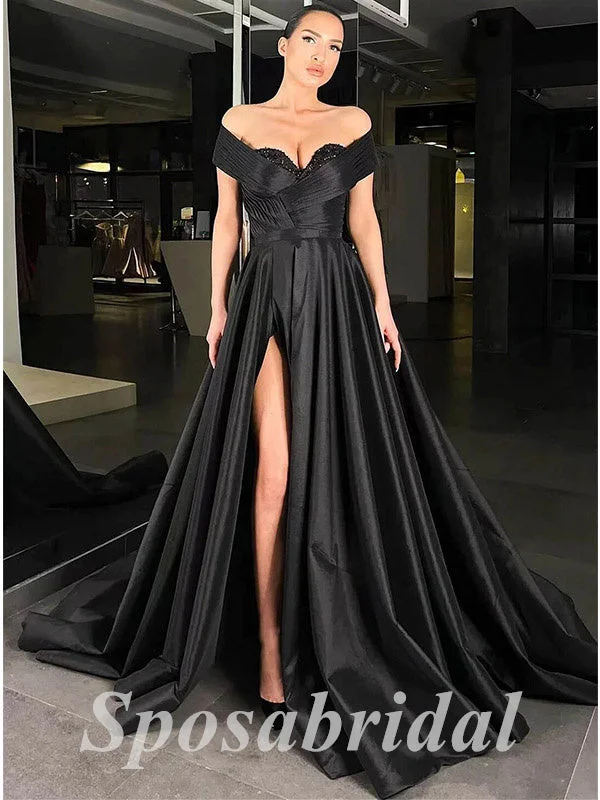 mermaid prom dressesSexy Satin And Sequin Off Shoulder V-Neck Side Slit A-Line Long Prom Dresses, PD3615