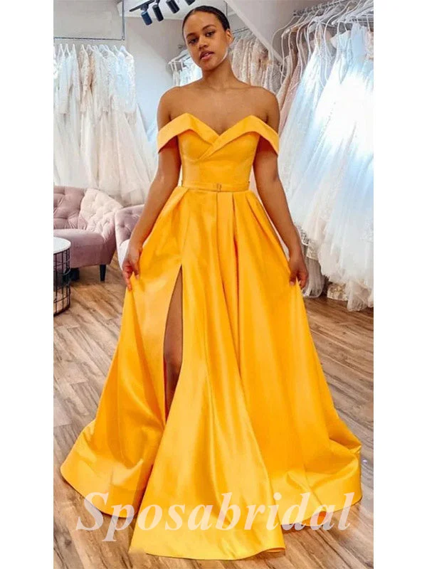 convertible prom dressesSexy Satin Off Shoulder V-Neck Sleeveless Side Slit A-Line Long Prom Dresses, PD3584