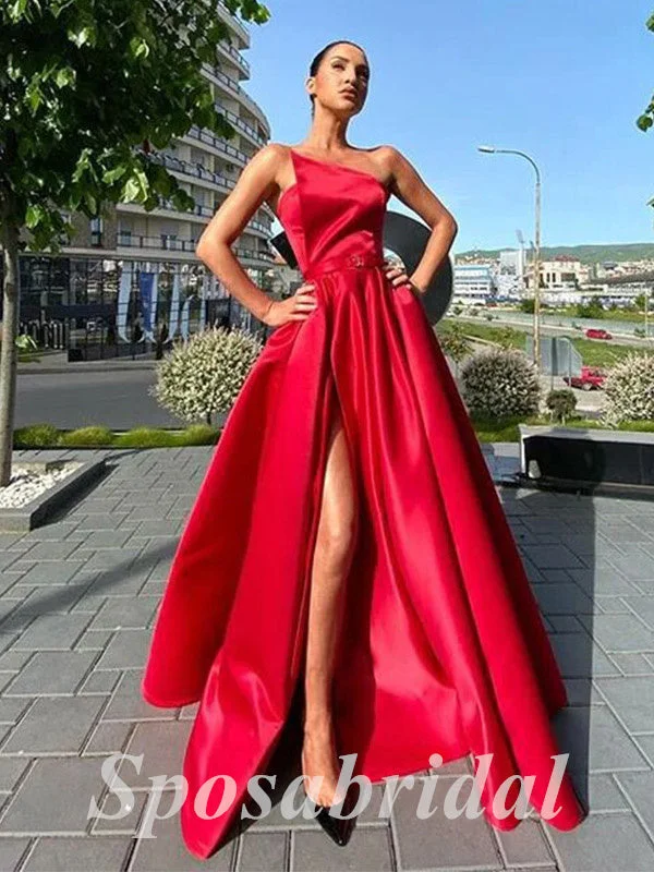 cap sleeve prom dressesSexy Satin Sweetheart Sleeveless Side Slit A-Line Long Prom Dresses With Belt, PD3614