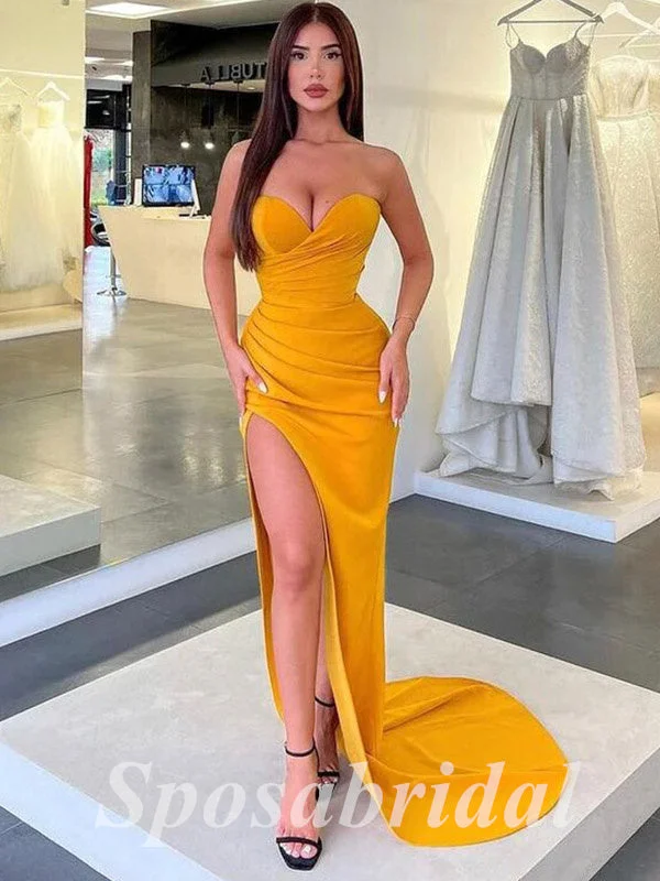 open-back prom dressesSexy Satin Sweetheart V-Neck Sleeveless Side Slit Mermaid Long Prom Dresses, PD3626