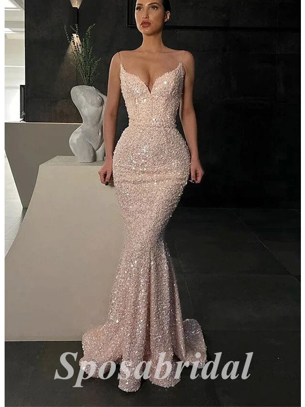 illusion neckline prom dressesSexy Sequin Spaghetti Straps V-Neck Sleeveless Mermaid Long Prom Dresses, PD3587