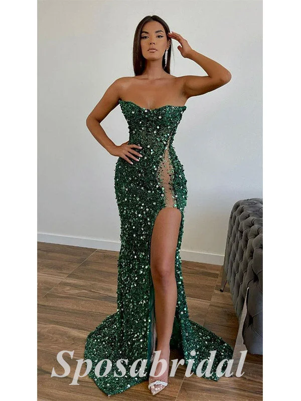 prom dresses with sheer overlaysSexy Sequin Sweetheart Sleeveless Side Slit Mermaid Long Prom Dresses,PD3637