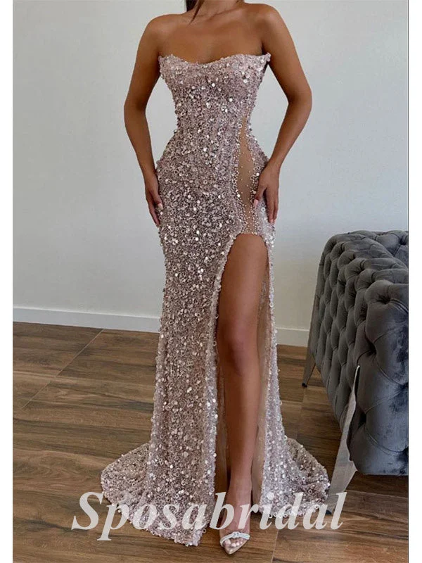 prom dresses for fallSexy Sequin Sweetheart Sleeveless Side Slit Mermaid Long Prom Dresses,PD3638