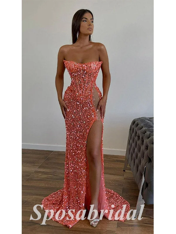 prom dress preservationSexy Sequin Sweetheart Sleeveless Side Slit Mermaid Long Prom Dresses,PD3639