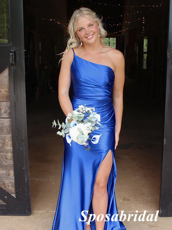 prom dresses for short girlsSexy Soft Satin Royal-Blue One Shoulder Sleeveless Side Slit Mermaid Long Prom Dresses, PD3933