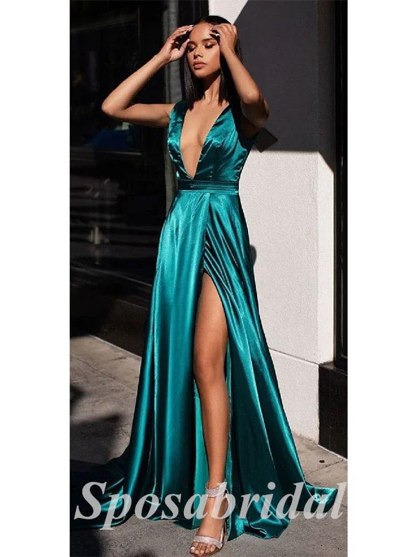 maxi prom dressesSexy Soft Satin Spaghetti Straps Deep V-Neck Sleeveless Side Slit A-Line Long Prom Dresses, PD3583