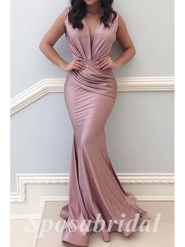 satin prom dressesSexy Soft Satin Spaghetti V-Neck Straps Sleeveless Mermaid Long Prom Dresses, PD3607