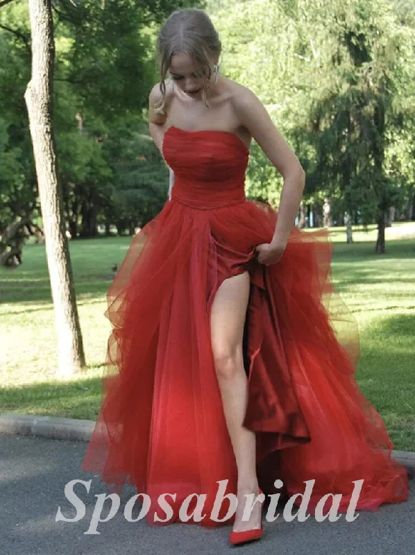 spaghetti strap prom dressesSexy Tulle And Satin Sweetheart Sleeveless Side Slit A-Line Long Prom Dresses, PD3613