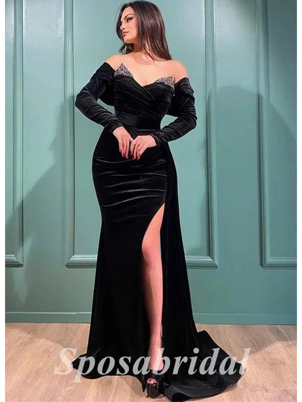 halter prom dressesSexy Velvet And Sequin Off Shoulder V-Neck Long Sleeve Side Slit Mermaid Long Prom Dresses, PD3586