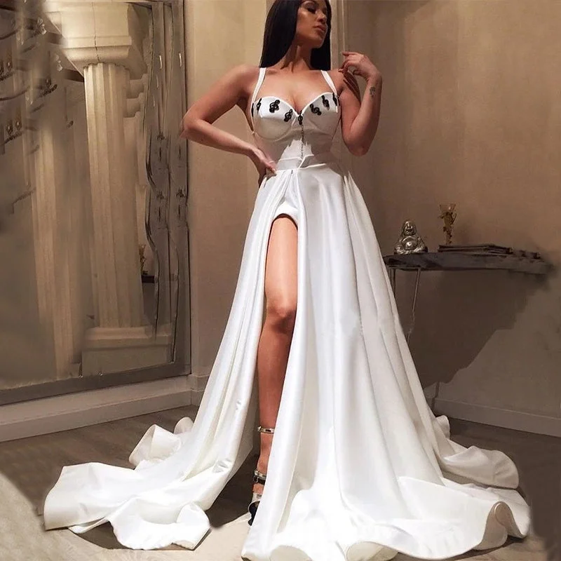 elegant prom dressesSexy White Spaghetti Straps Side-slit A-line Long Prom Dress, PD2344