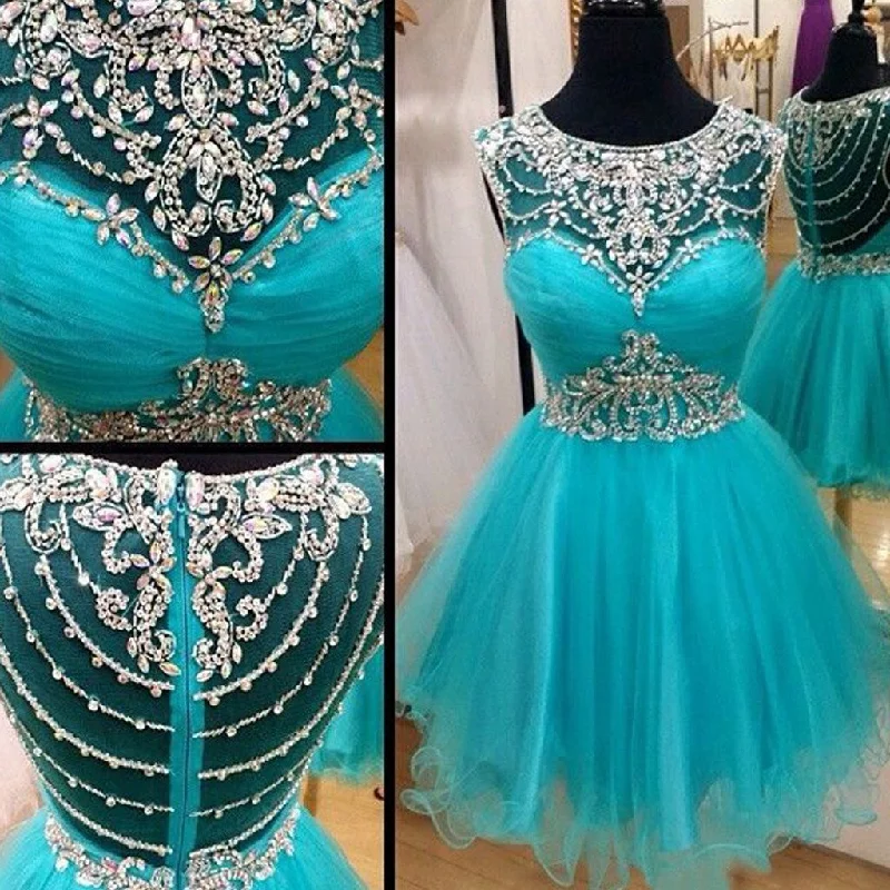 off-shoulder prom dressesShort blue rhinestones sparkly Boho Vintage casual homecoming prom dress,BD0003