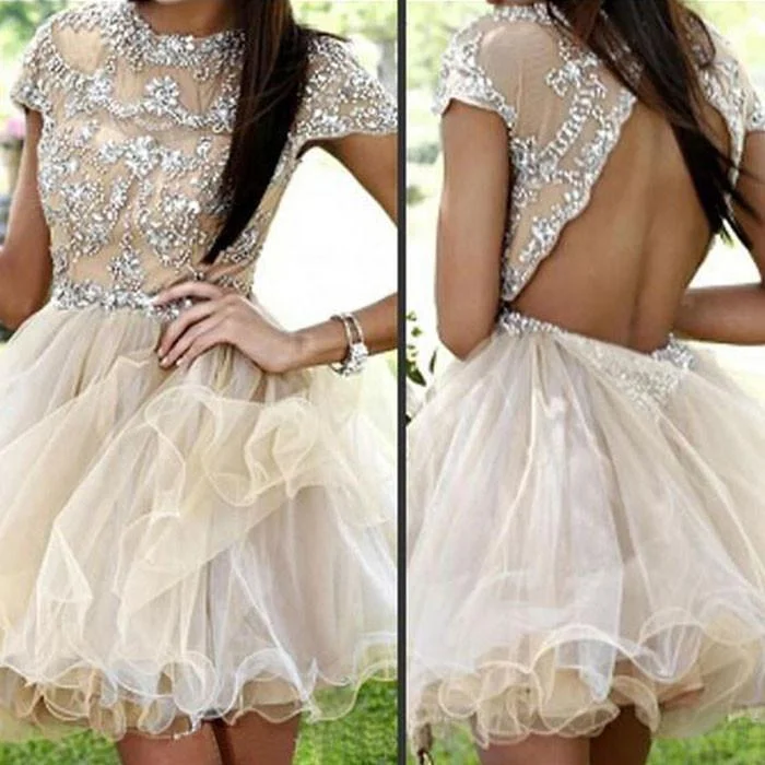 sparkly prom dressesShort sleeve charming sparkly open back sexy homecoming prom gown dress,BD0047