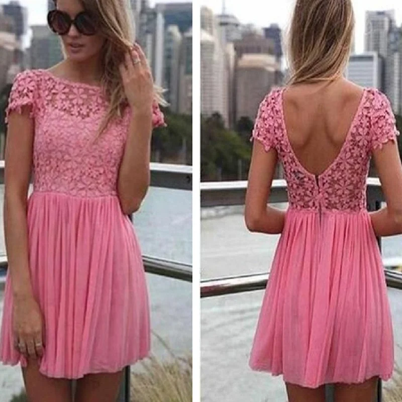 beaded prom dressesShort sleeve peach pink lace open back freshman homecoming prom dress,BD0046