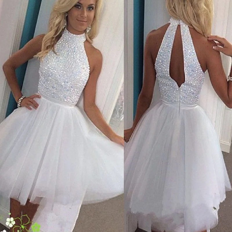 prom dresses with detachable sleevesShort white beads sparkly open back off shoulder homecoming prom dress,BD0008