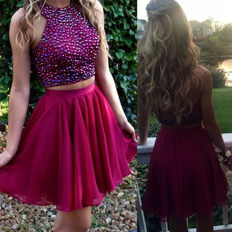 animal print prom dressesShort  two pieces beaded halter lovely freshman charming homecoming prom dress,BD0042