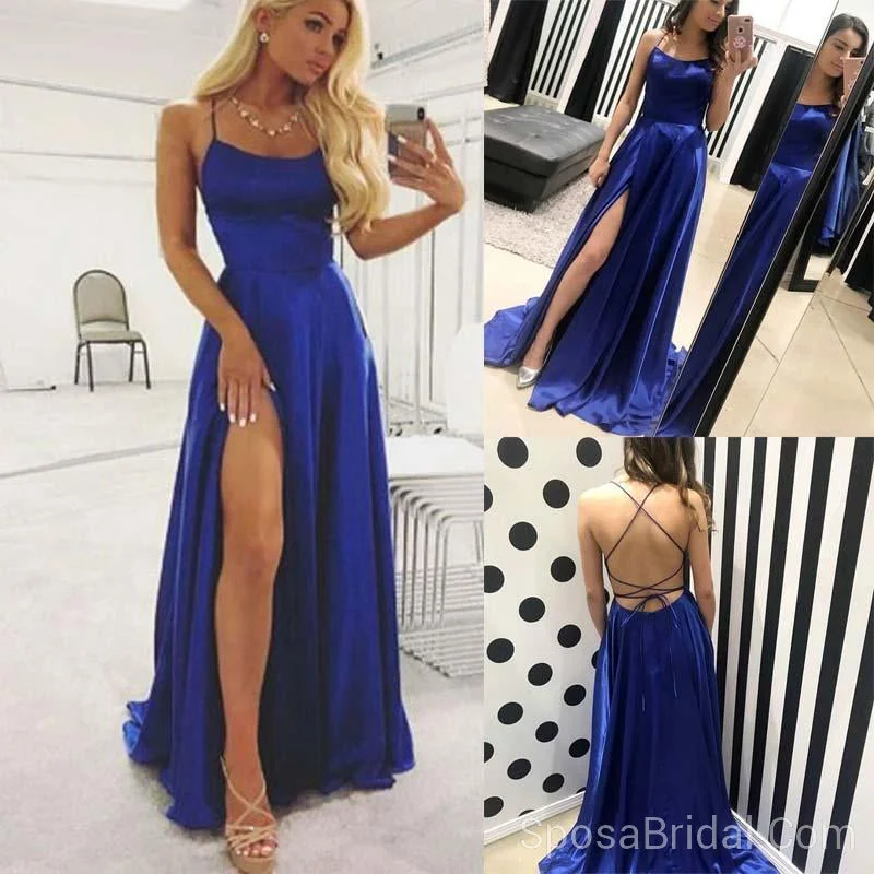 tulle prom dressesSimple Cheap Modest Popular Hot  Sale A-line Spaghetti Side Slit Royal Blue Long Prom Dresses,PD1182