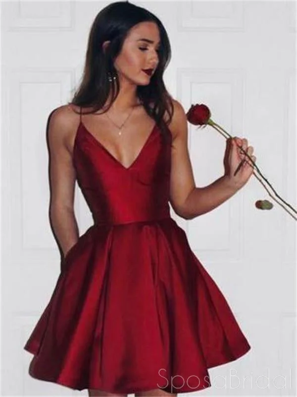 cap sleeve prom dressesSimple Spaghetti Red Satin Short Prom Dresses, Homecoming Dresses, V-neck Prom Dresses, BD0400