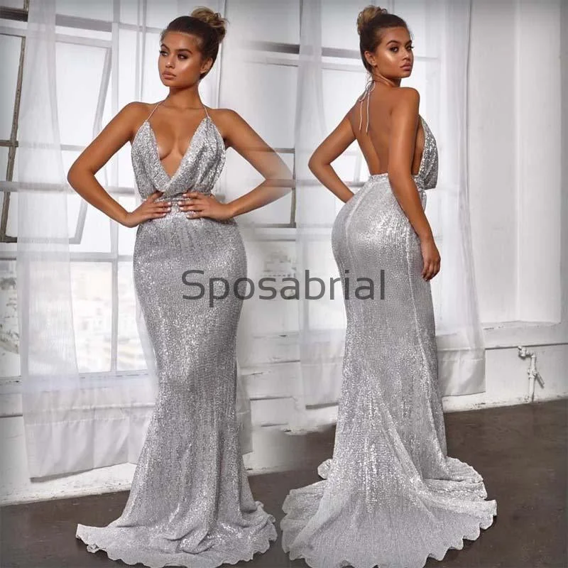 A-line prom dressesSliver Sequin Sexy V-Neck Halter Backless Sleeveless Mermaid Prom Dress PD2091