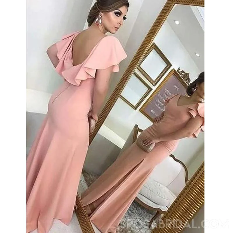 short prom dressesSoft Gorgeous Sheath V-Neck Ruffled Sleeves Split  Pink  Long Prom Dresses, Evenign Dress, PD1119