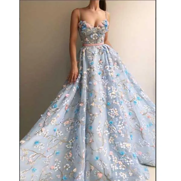 thigh-high slit prom dressesSpaghetti Strap 3D Flower Applique Sky Blue Prom Dresses Ball Gowns, PD0838