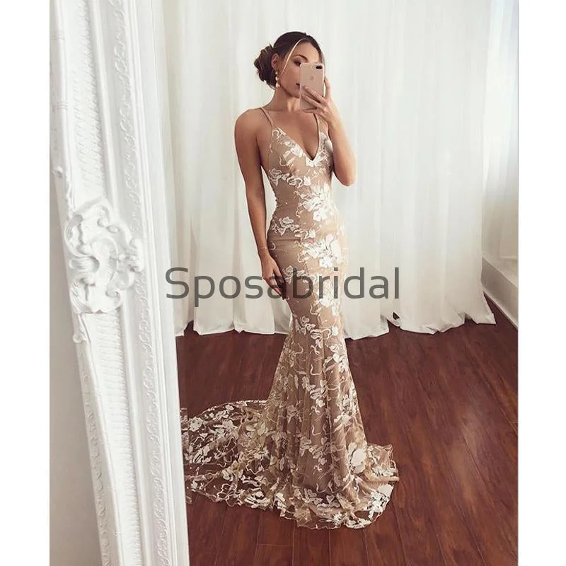 sweetheart neckline prom dressesSpaghetti Straps Lace V-Neck Mermaid Modest Prom Dresses PD2180