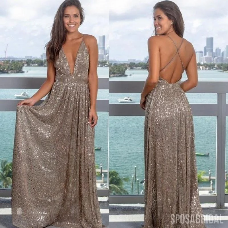 prom dresses for plus-size figuresSpaghetti Straps Long Deep V neck Sequin Sparkly Shining Moest Long Prom Dresses, PD1318