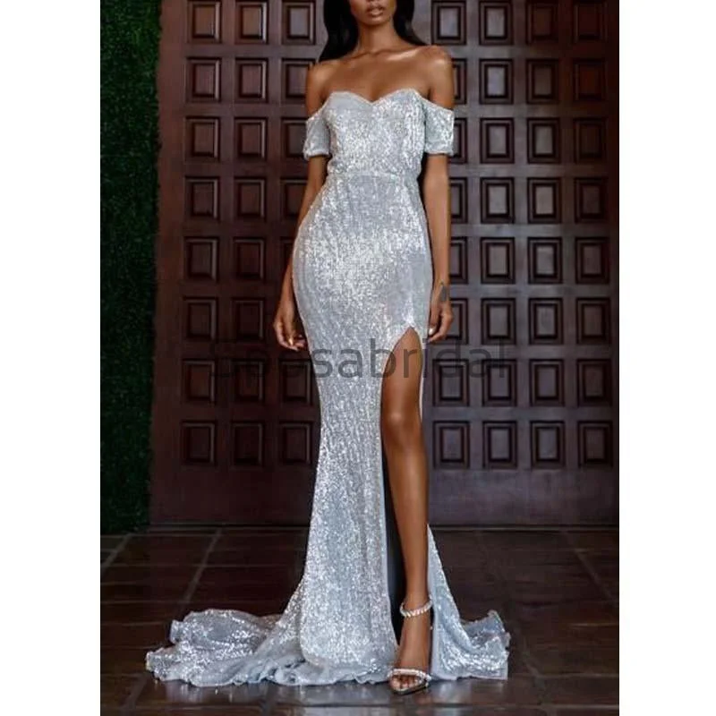 beaded prom dressesSpaghetti Straps Silver Mermaid Backless Modest Prom Dresses PD2245