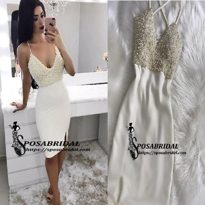 long prom dressesSpaghetti Straps Top Beading Tight Homecoming Dresses, Short Sexy prom dresses with split , BD0224