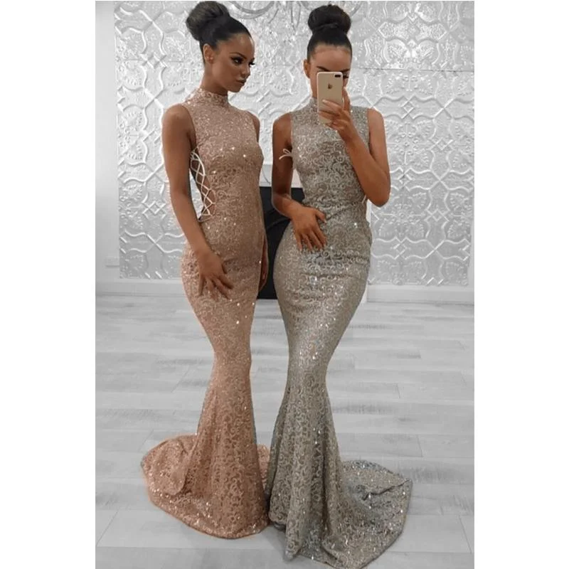 lace prom dressesSparkly High Neck Lace Mermaid Fashion Trend Modest Elegant Formal Long Prom Dresses,PD1207