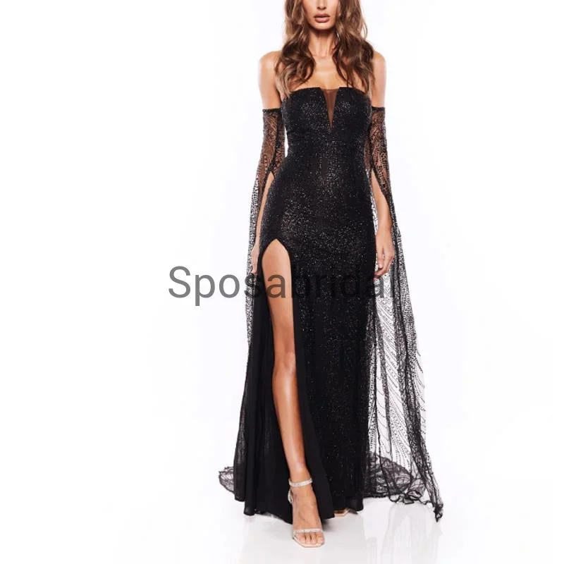 mermaid prom dressesStrapless Long Sleeves Black Side Slit Mermaid Sexy Modest Simple Prom Dresses PD1917