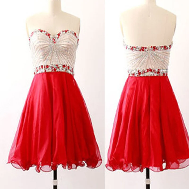 tulle prom dressesRed Strapless sparkly unique vintage chiffon unique homecoming prom dress,BD0044