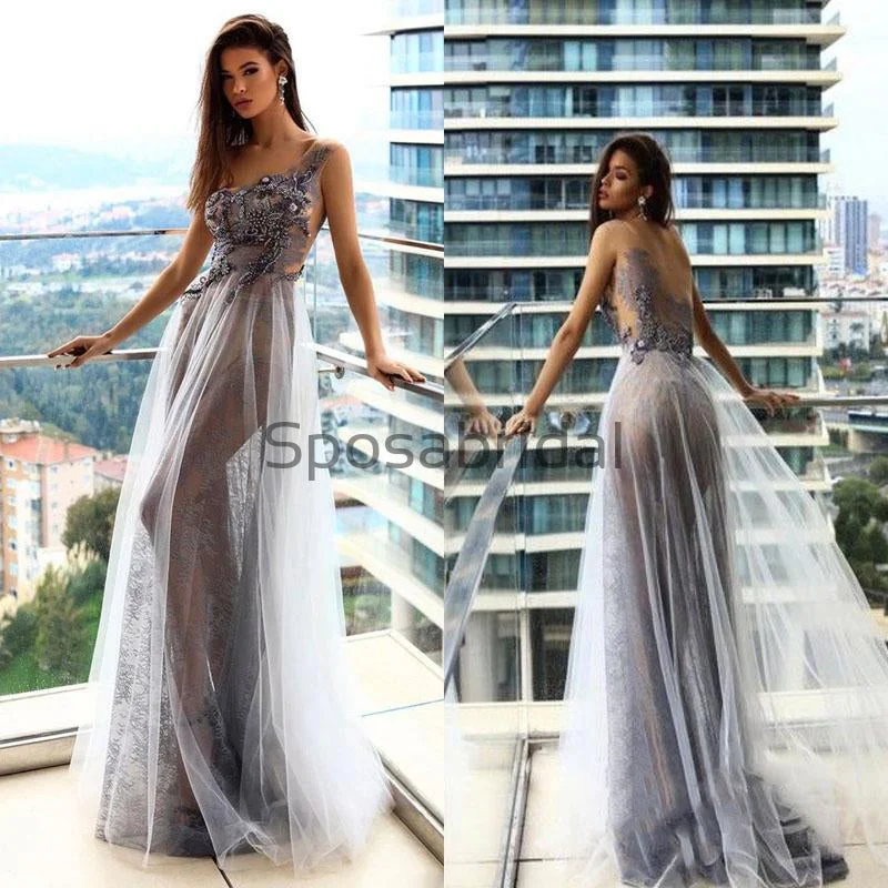 sleeveless prom dressesUnique One Shoulder Tulle Beaded Modest Formal Long Prom Dresses PD2104